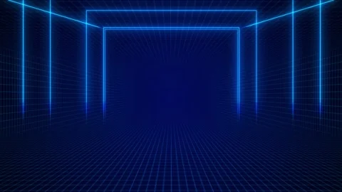 Blue neon grid tunnel background glowing rectangles, perspective lines, dark emp Stock Footage 340402228