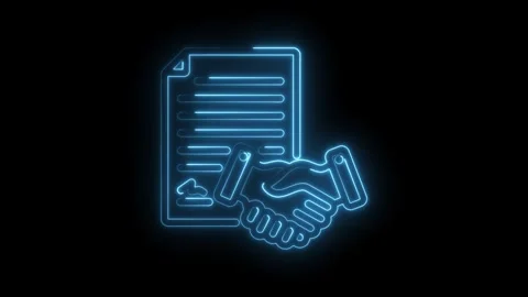 Blue neon handshake on contract document background symbolizing successful Stock Footage 330784474