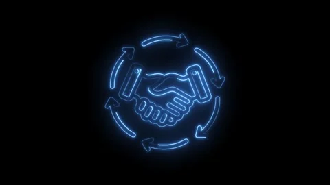 Blue neon handshake icon with circular arrows representing partnership agreement Stock Footage 333956002