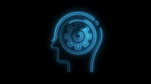 Blue neon head with gear inside brain representing idea generation and thin.. Stock Footage 309292405