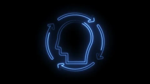 Blue neon head silhouette with rotating arrows for brainstorming and mental Stock Footage 322961904