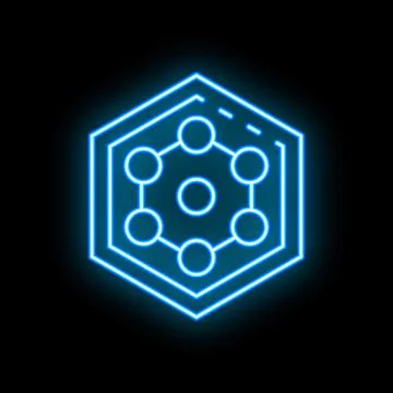 Blue neon hexagon with connected circles on black background Stock Illustration