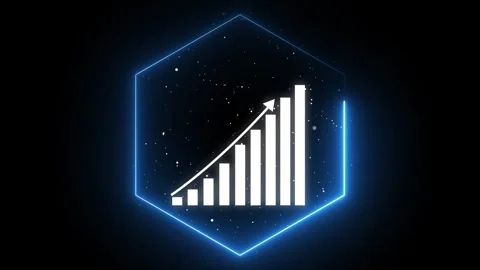 Blue Neon Hexagon Frame with animated White Bar Graph and Upward Arrow on D.. Stock Footage 332059997