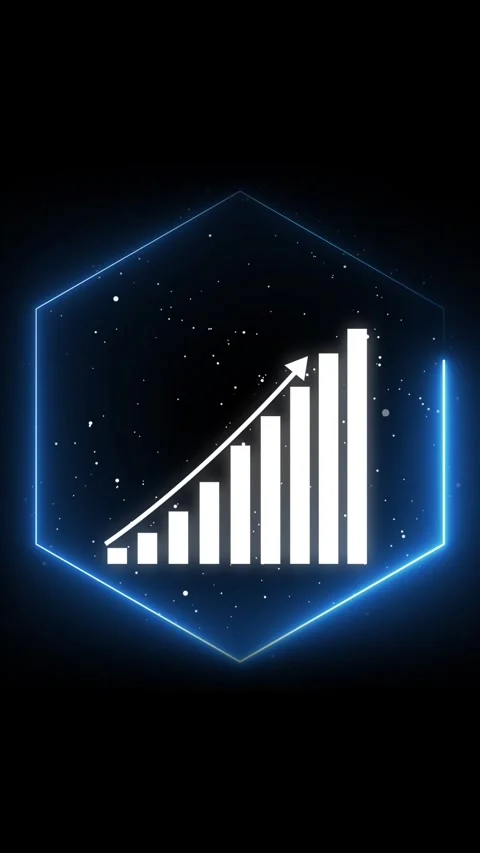 Blue neon hexagon frame with white bar graph. Globe and upward bar chart fo.. Stock Footage 344861125