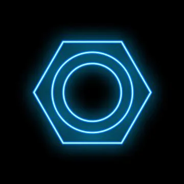Blue neon hexagon nut shape glowing in the dark Stock Illustration