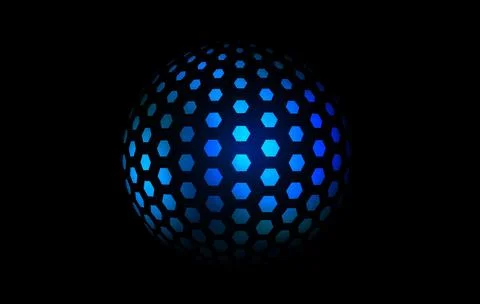 Blue neon hexagon pattern sphere. 3d halftone hemisphere concept. Glowing globe Illustrazione stock