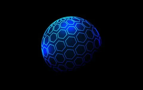 Blue neon hexagon pattern sphere. 3d halftone hemisphere concept. Grid globe Illustrazione stock