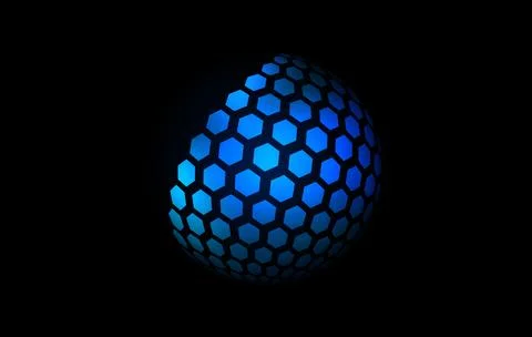 Blue neon hexagon pattern sphere. 3d halftone hemisphere concept. Grid globe Illustrazione stock