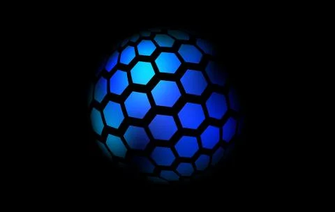 Blue neon hexagon pattern sphere. 3d halftone hemisphere concept. Grid globe Stock Illustration