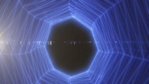 Blue neon hexagon tunnel frame with glowing wire lines and lens flare, futu.. イラスト素材