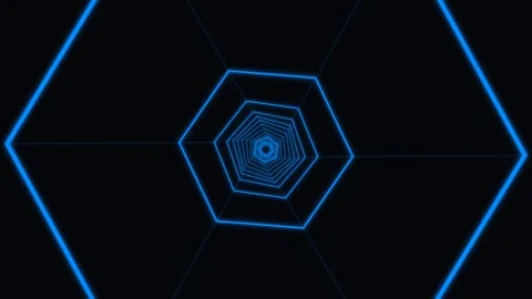 Blue neon hexagonal tunnel receding into abstract darkness Stock Footage 336995719
