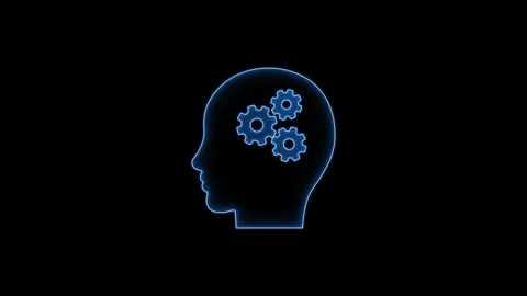 Blue neon human head outline with three spinning gears animation over black.. Stock Footage 329145179