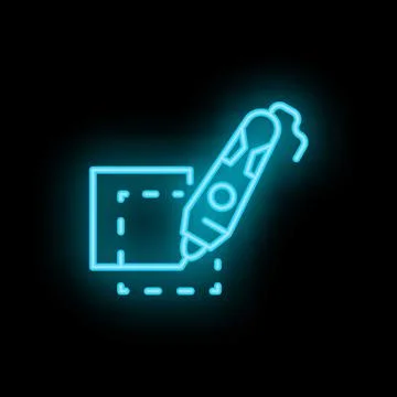Blue neon icon of a 3d pen drawing a cube Stock Illustration