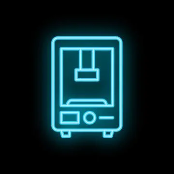 Blue neon icon of a 3d printer printing a prototype on black background Stock Illustration