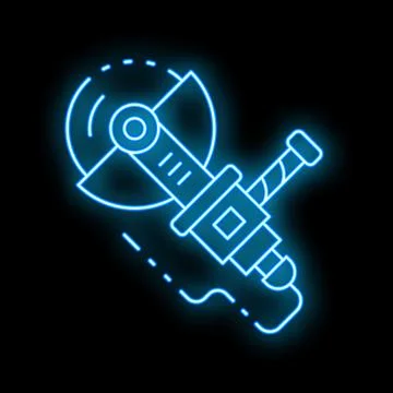 Blue neon icon of an angle grinder cutting a metal surface Stock Illustration