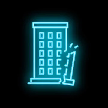 Blue neon icon of a building cracking during an earthquake Ilustración de archivo