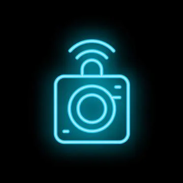 Blue neon icon of a camera transmitting data wirelessly Stock Illustration