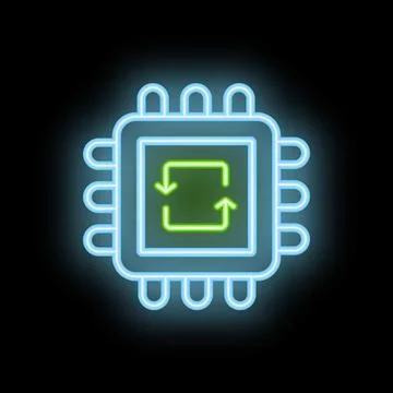 Blue neon icon of a cpu with green rotating arrows, illustrating a machine le Illustrazione stock