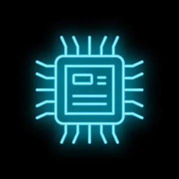 Blue neon icon of cpu microchip processor emitting light Stockillustratie