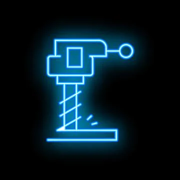 Blue neon icon of a drilling machine drilling a hole on a black background Stock Illustration