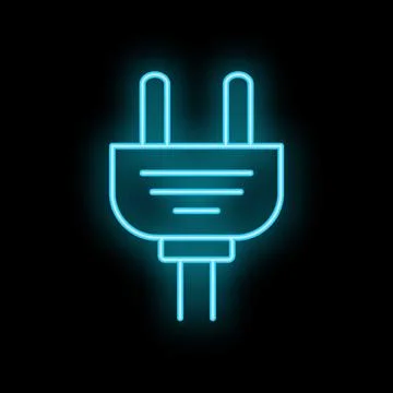 Blue neon icon of an electrical plug glowing on black background Stock Illustration