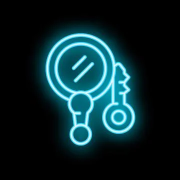 Blue neon icon of a hand mirror with keychain hanging on black background Stock Illustration
