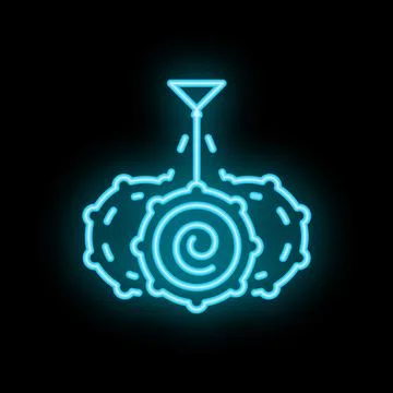 Blue neon icon of a machine learning process, with data being fed into a neur Stock Illustration