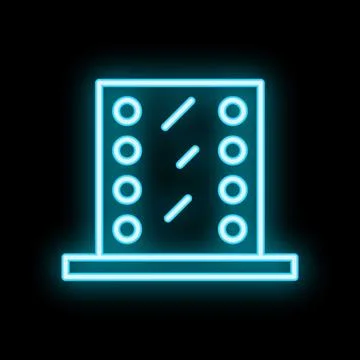 Blue neon icon of a makeup mirror with lights glowing on a black background Stock Illustration