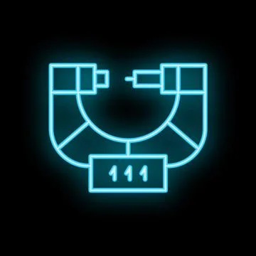 Blue neon icon of a micrometer measuring 111 units on black background Stock Illustration