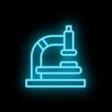 Blue neon icon of a microscope glowing on black background Stock Illustration