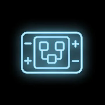 Blue neon icon of a mobile game console showing a game element on a black b.. Stock Illustration