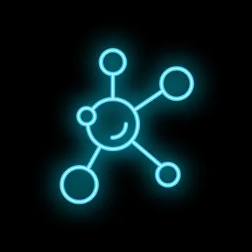Blue neon icon of a molecule structure connecting circles, representing conce Stock Illustration