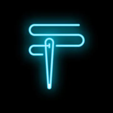 Blue neon icon of a needle pulling thread through fabric Stock Illustration