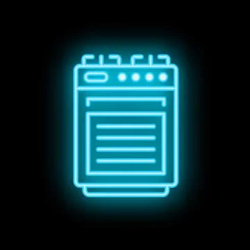 Blue neon icon of oven with opened door on black background Stock Illustration