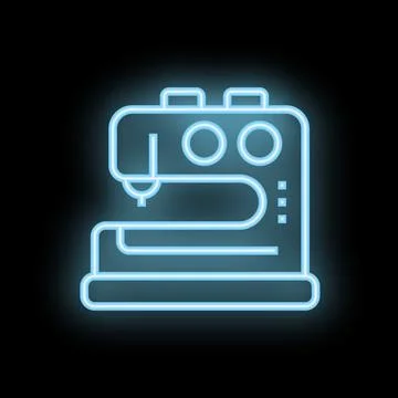 Blue neon icon of a sewing machine on black background Stock Illustration