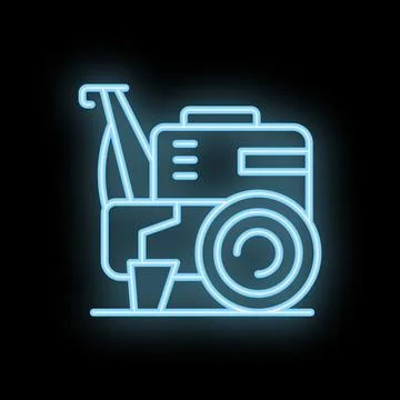 Blue neon icon of a snow thrower clearing snowdrift on black background Stock Illustration