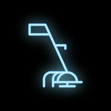 Blue neon icon of a string trimmer glowing on black background Illustrazione stock