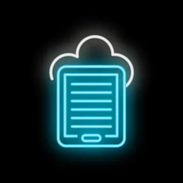 Blue neon icon of a tablet computer with a cloud symbol above, representing c Stock Illustration