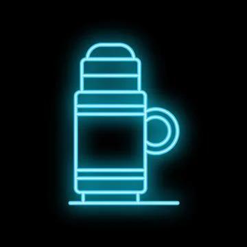 Blue neon icon of a thermos flask glowing on black background Stock Illustration