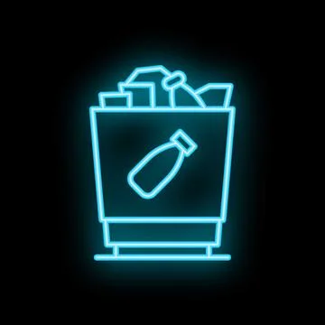 Blue neon icon of trash bin overflowing with rubbish on black background Illustrazione stock