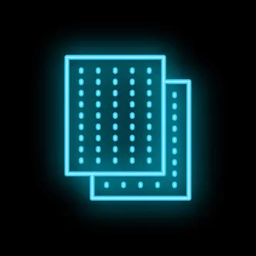 Blue neon icon of two spreadsheet pages glowing on a black background Stock Illustration