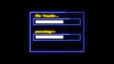 Blue neon interface showing file transfer and processing progress bars on b.. Stock Footage 334217130