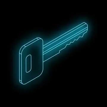 Blue neon key glowing on black background Stock Illustration