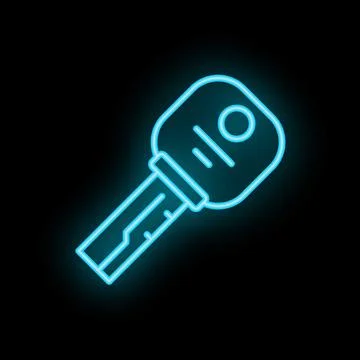 Blue neon key icon glowing on black background Stock Illustration