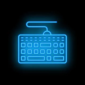 Blue neon keyboard with mouse glowing on black background Stock Illustration
