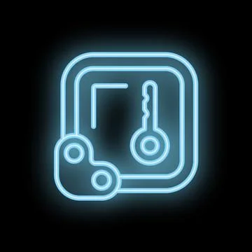 Blue neon keypad lock icon glowing on black background Stock Illustration