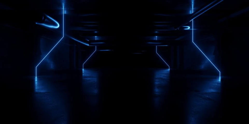 Blue Neon Laser Vibrant Sci Fi Modern Cement Concrete Garage Warehouse Bunk.. Illustrazione stock