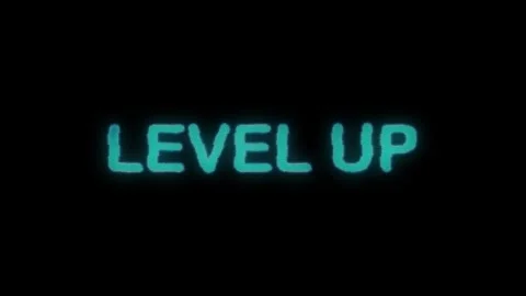 Blue neon level up text appearing on black background representing progress.. Stock Footage 329145107