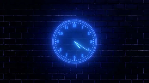 Blue neon light analog clock isolated animated on wall background Stock Footage 165742943