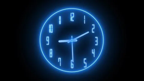 Blue neon light analog clock isolated animated on black background Stock Illustration